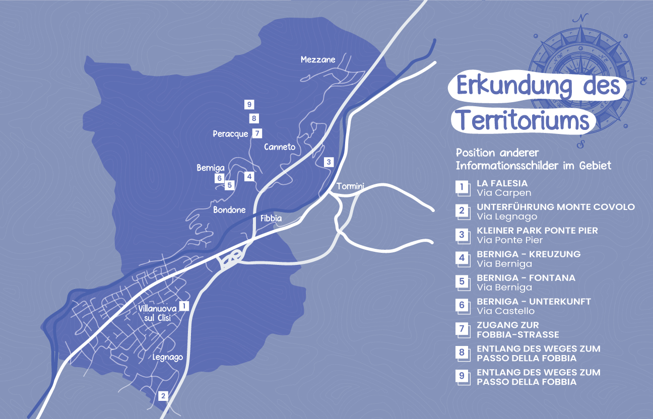 Karte, die zeigt, wo sich die anderen Informationstafeln im Gebiet von Villanuova sul Clisi befinden